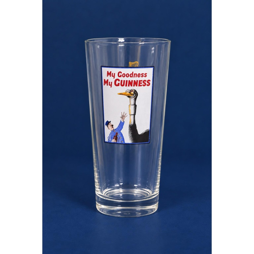 My Goodness My Guinness Draught Beer Pint Glass, 1759 Harp Logo Ostrich, EUC